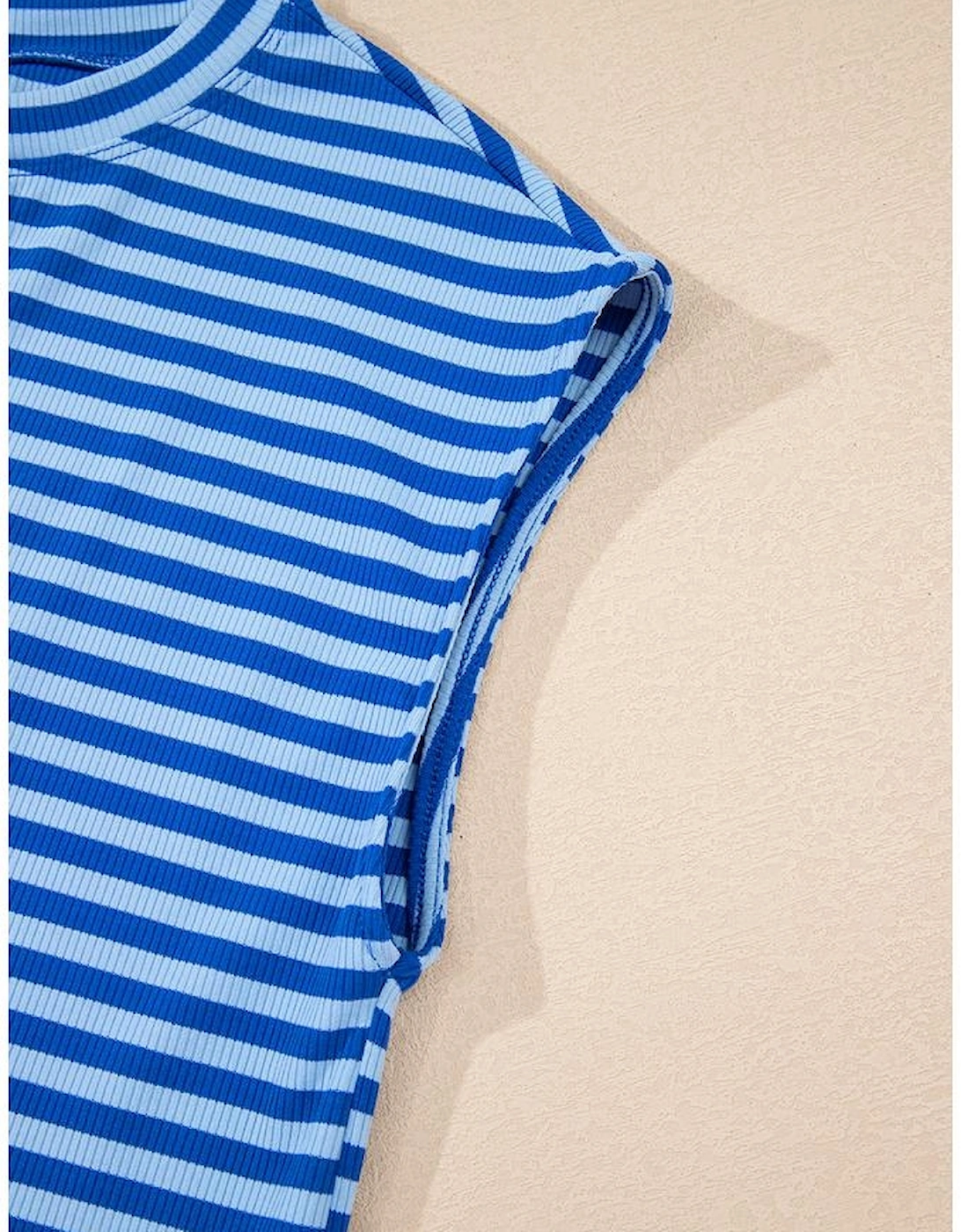 Sky Blue Stripe Ribbed Cap Sleeve Round Neck T Shirt