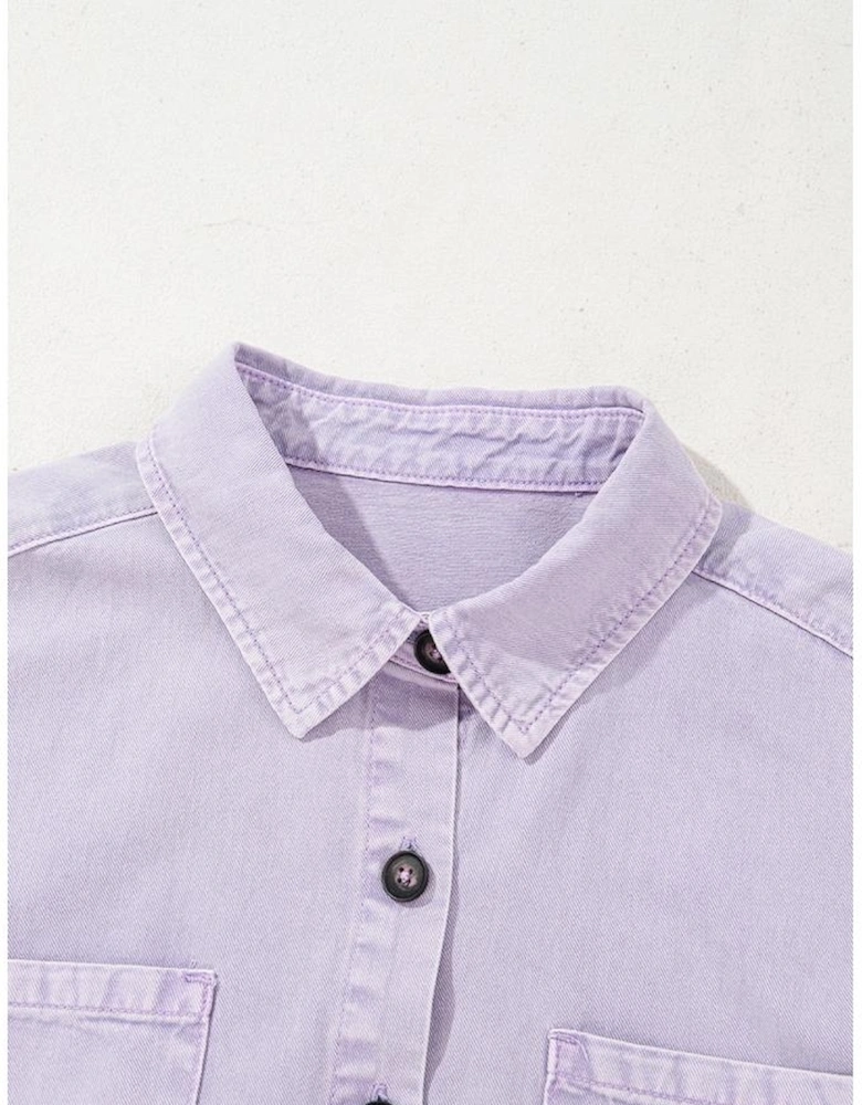 Orchid Petal Short Sleeve Double Chest Pocket Denim Shirt Dress