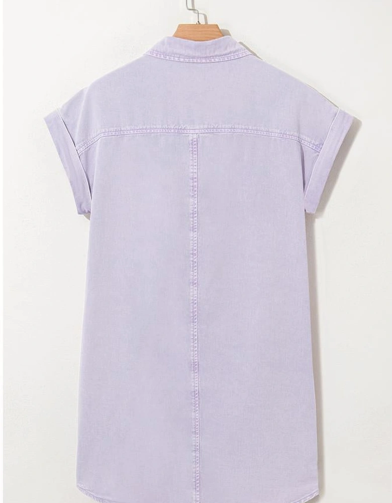 Orchid Petal Short Sleeve Double Chest Pocket Denim Shirt Dress
