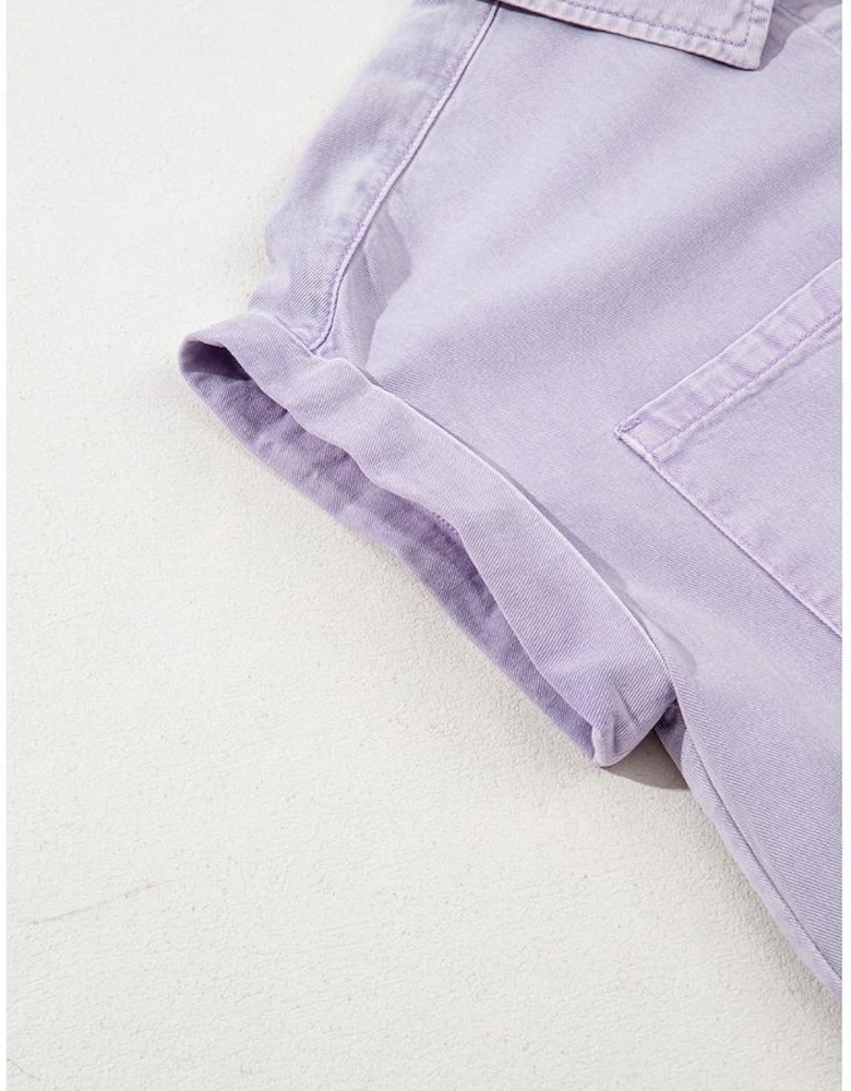 Orchid Petal Short Sleeve Double Chest Pocket Denim Shirt Dress