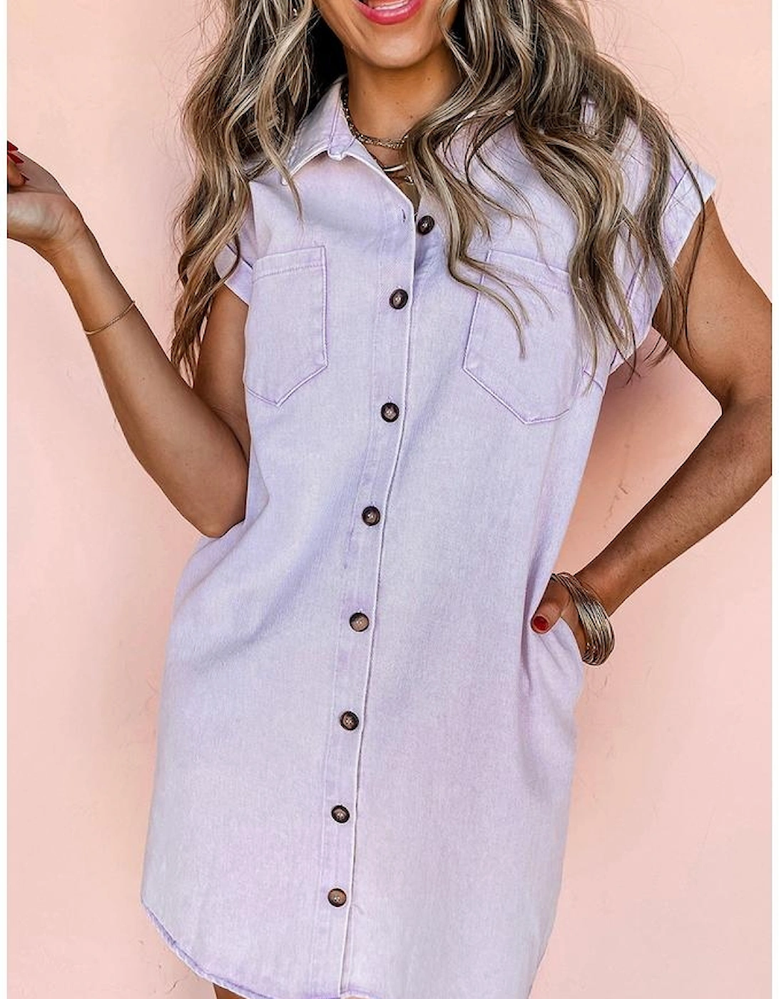 Orchid Petal Short Sleeve Double Chest Pocket Denim Shirt Dress