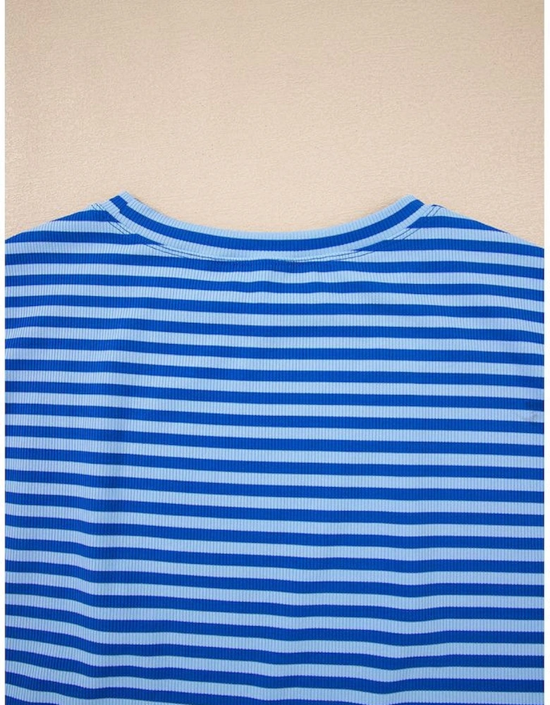 Sky Blue Stripe Ribbed Cap Sleeve Round Neck T Shirt