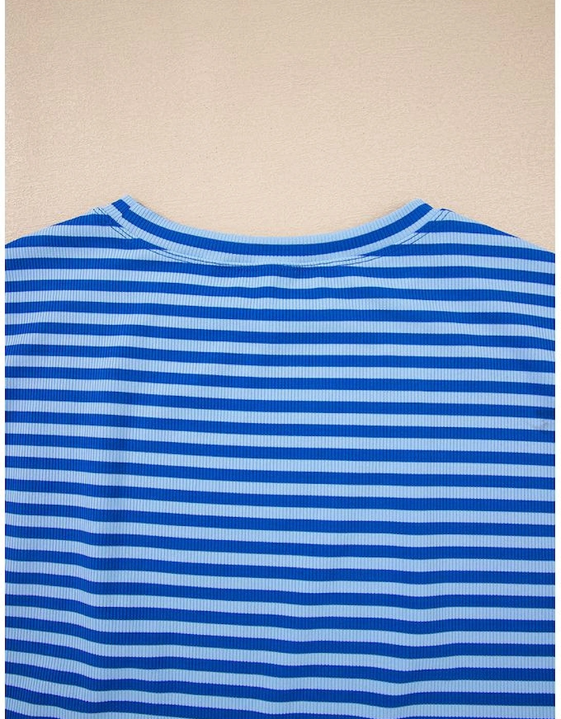 Sky Blue Stripe Ribbed Cap Sleeve Round Neck T Shirt