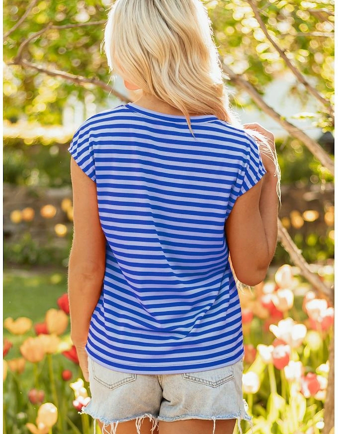 Sky Blue Stripe Ribbed Cap Sleeve Round Neck T Shirt, 13 of 12