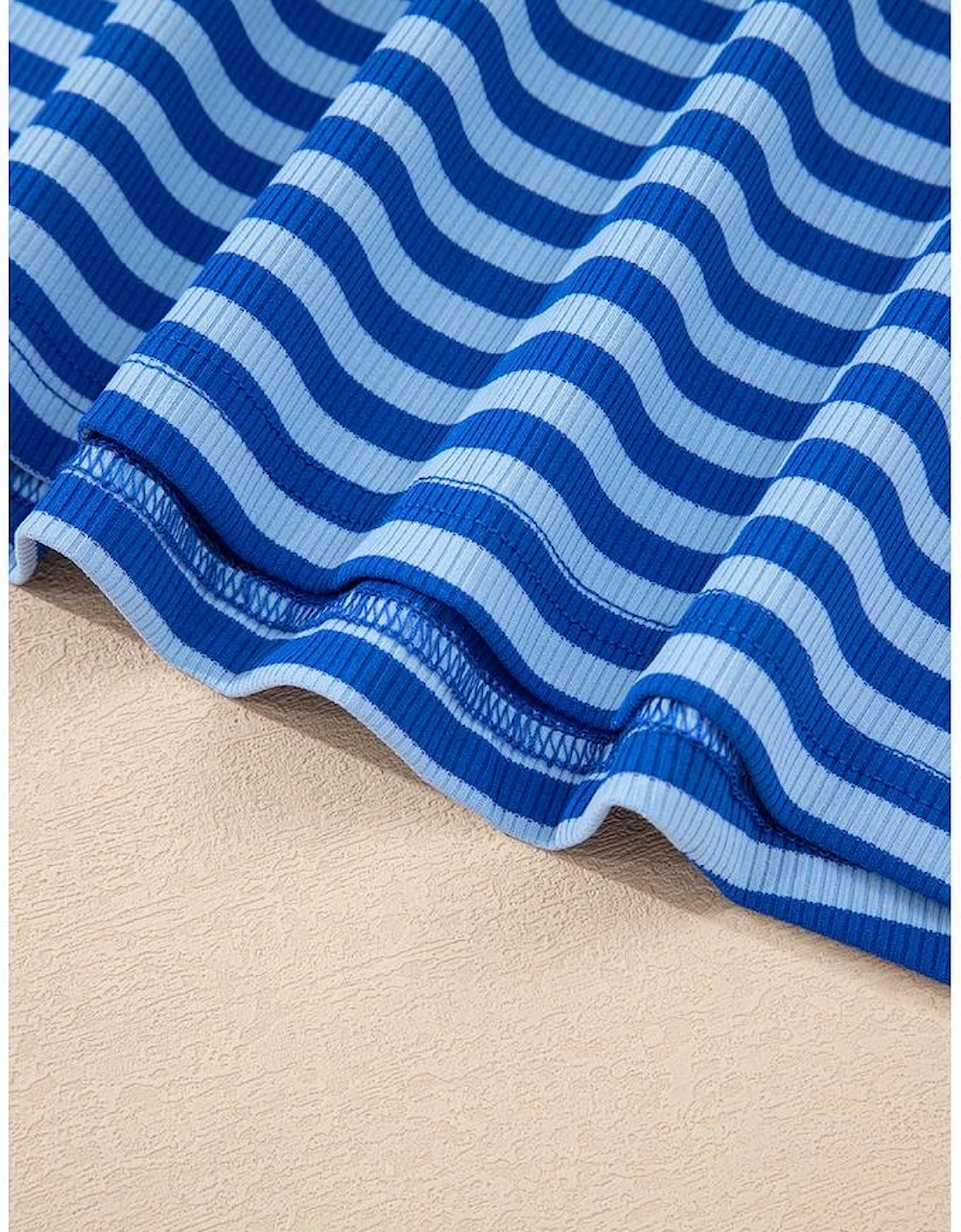 Sky Blue Stripe Ribbed Cap Sleeve Round Neck T Shirt