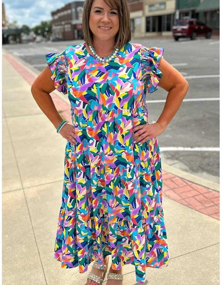 Blue Geometric Print Ruffled Short Sleeve Plus Size Tiered Maxi Dress