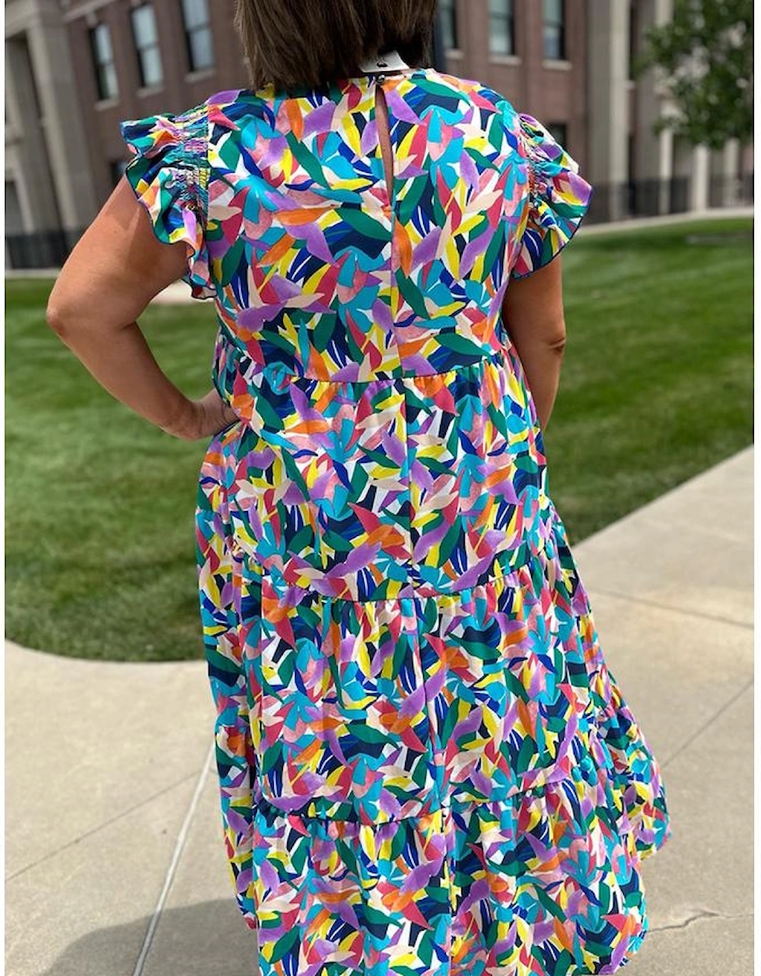 Blue Geometric Print Ruffled Short Sleeve Plus Size Tiered Maxi Dress, 7 of 6