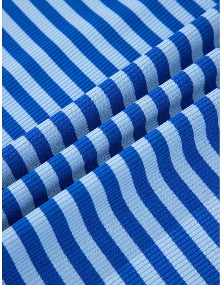 Sky Blue Stripe Ribbed Cap Sleeve Round Neck T Shirt