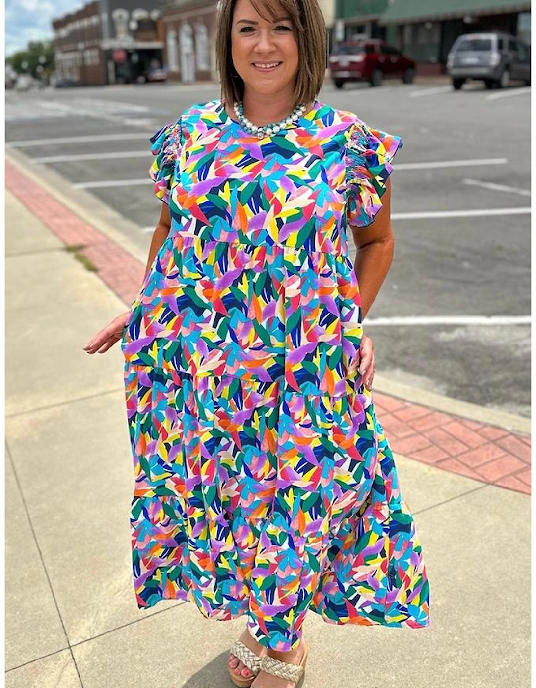 Blue Geometric Print Ruffled Short Sleeve Plus Size Tiered Maxi Dress