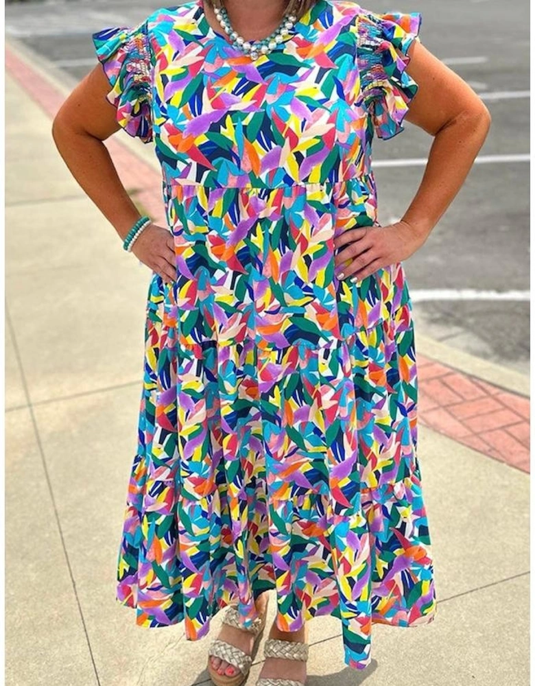 Blue Geometric Print Ruffled Short Sleeve Plus Size Tiered Maxi Dress