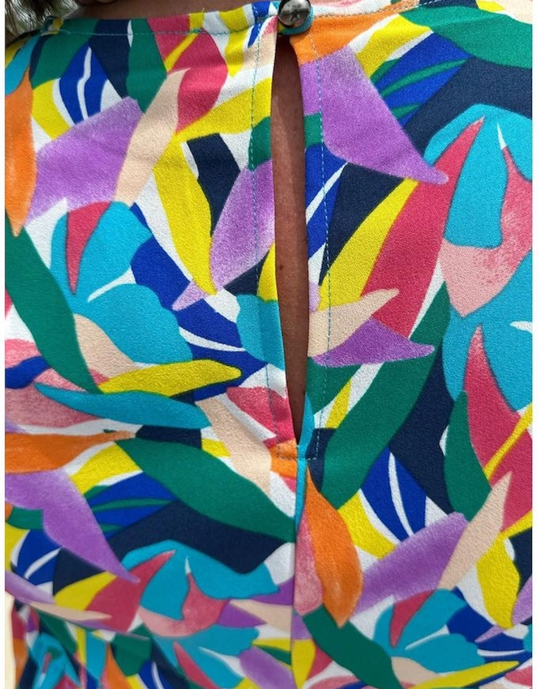 Blue Geometric Print Ruffled Short Sleeve Plus Size Tiered Maxi Dress