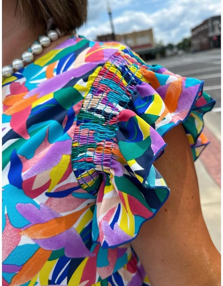 Blue Geometric Print Ruffled Short Sleeve Plus Size Tiered Maxi Dress