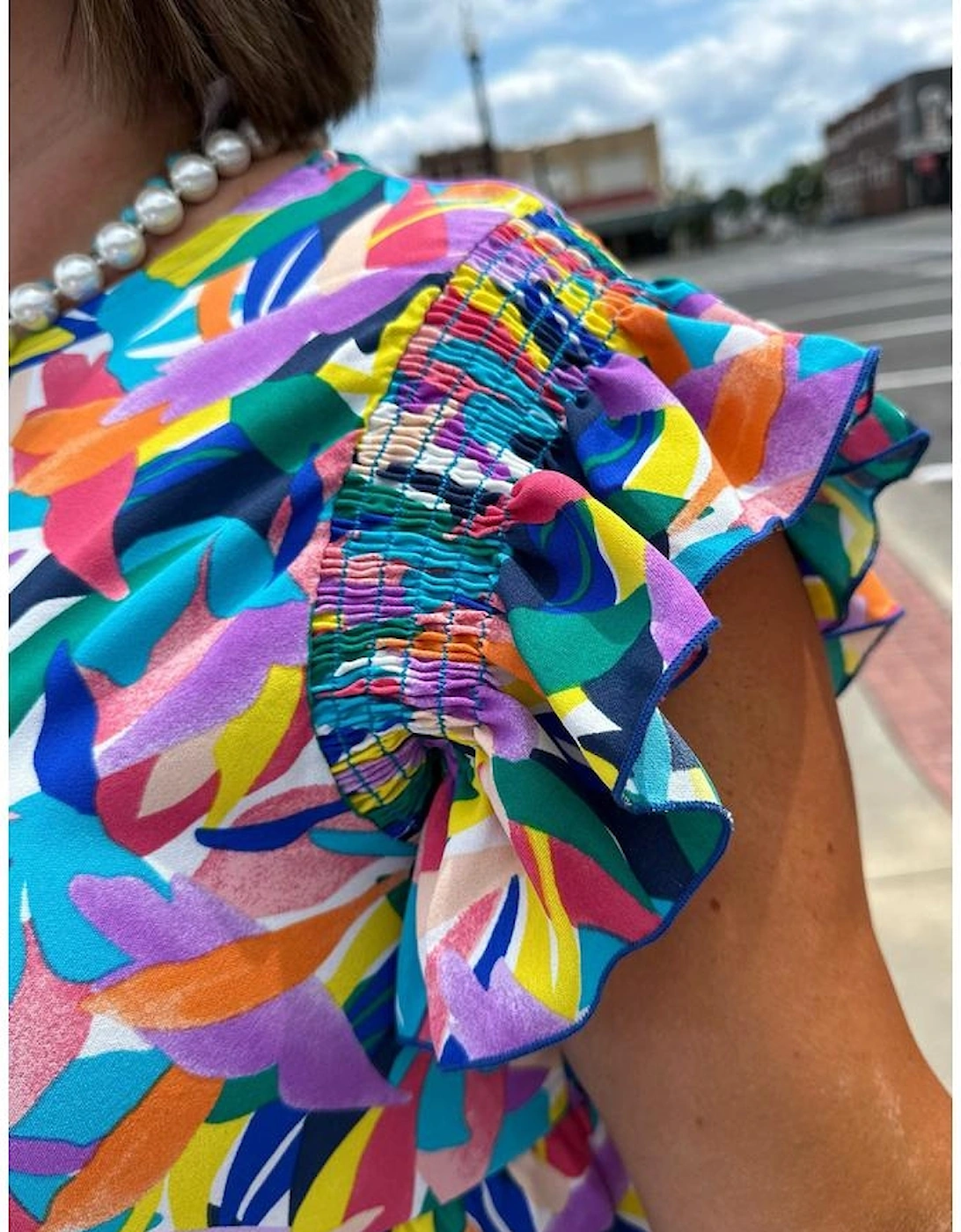 Blue Geometric Print Ruffled Short Sleeve Plus Size Tiered Maxi Dress