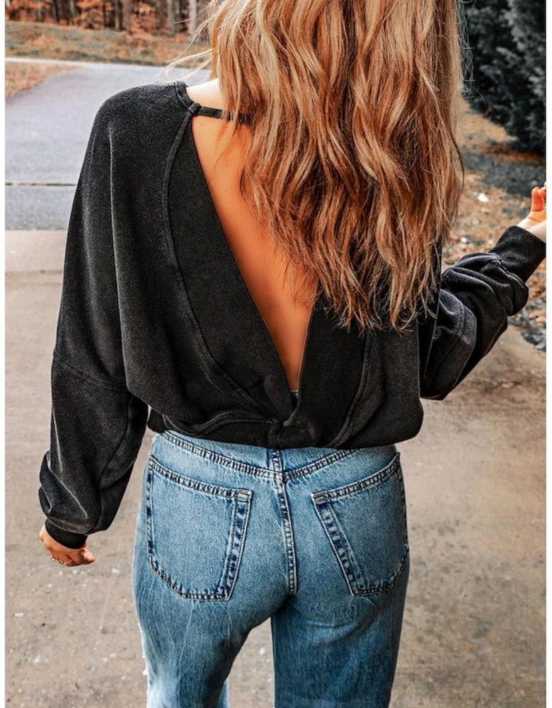 Black Acid Wash V-shape Open Back Sweatshirt