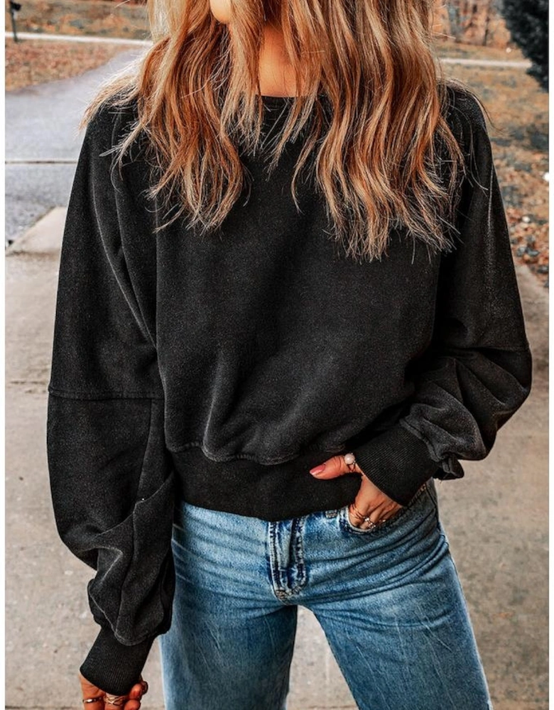 Black Acid Wash V-shape Open Back Sweatshirt