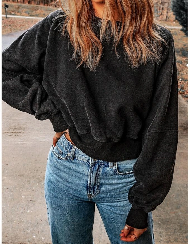 Black Acid Wash V-shape Open Back Sweatshirt