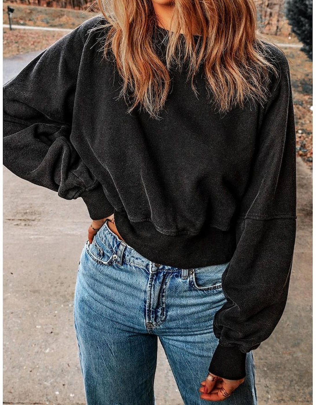 Black Acid Wash V-shape Open Back Sweatshirt
