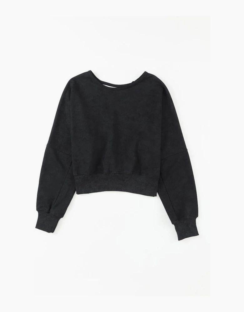 Black Acid Wash V-shape Open Back Sweatshirt