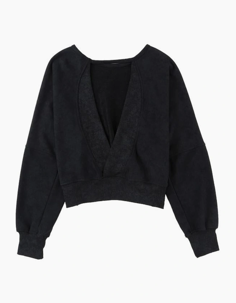 Black Acid Wash V-shape Open Back Sweatshirt