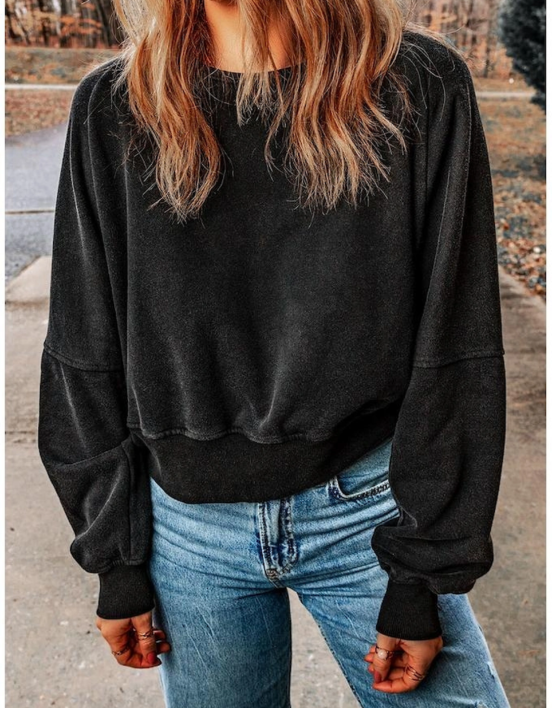 Black Acid Wash V-shape Open Back Sweatshirt