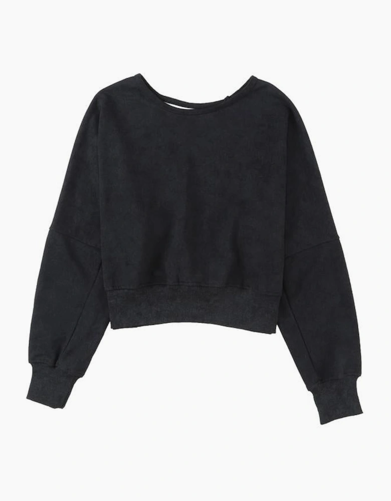 Black Acid Wash V-shape Open Back Sweatshirt