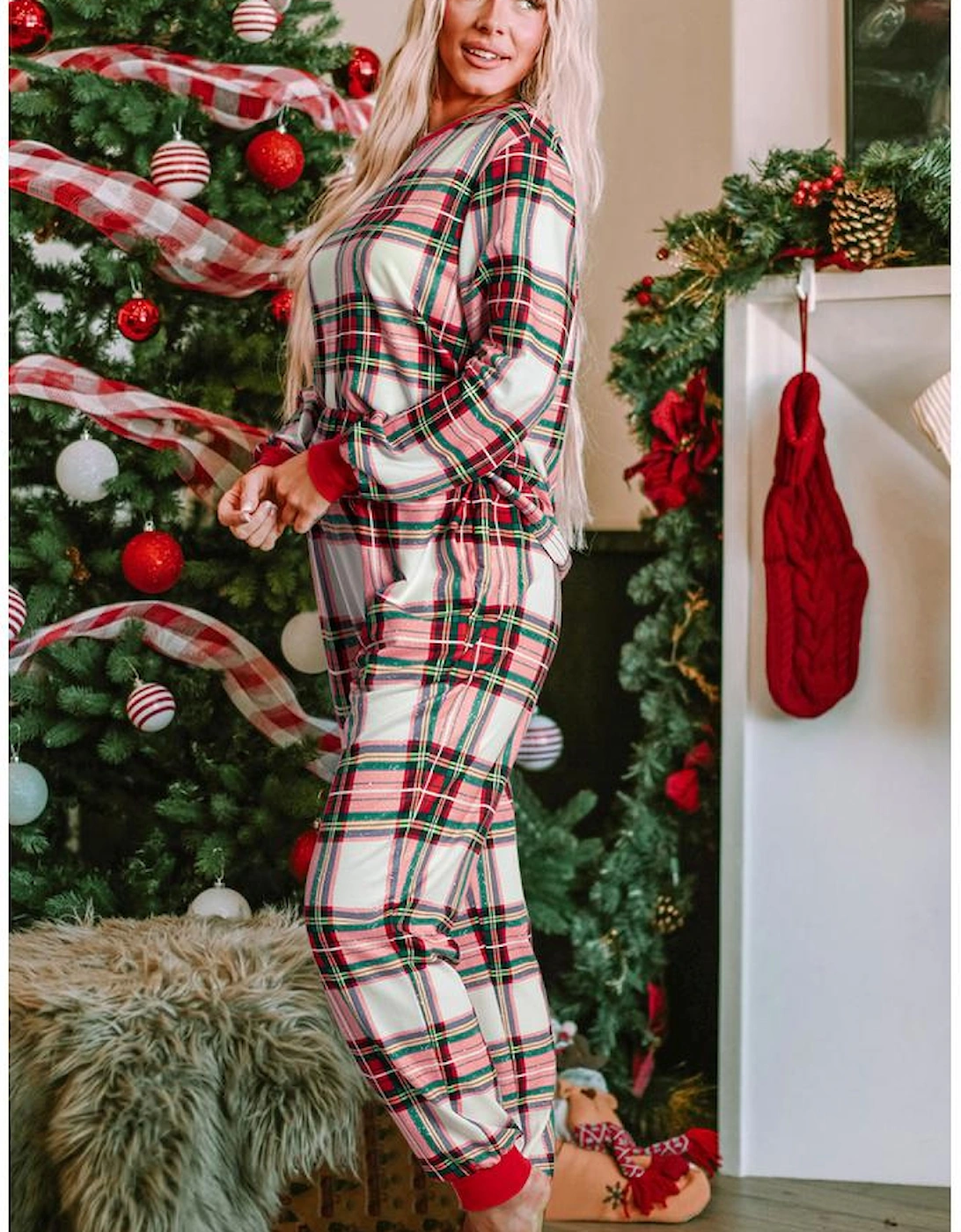 Red Christmas Plaid Allover Top and Pants Lounge Set, 11 of 10