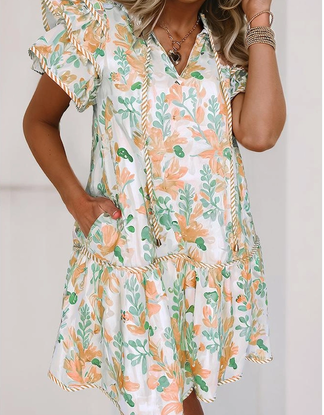 Orange Floral Contrast Edge Layered Short Sleeve Mini Dress