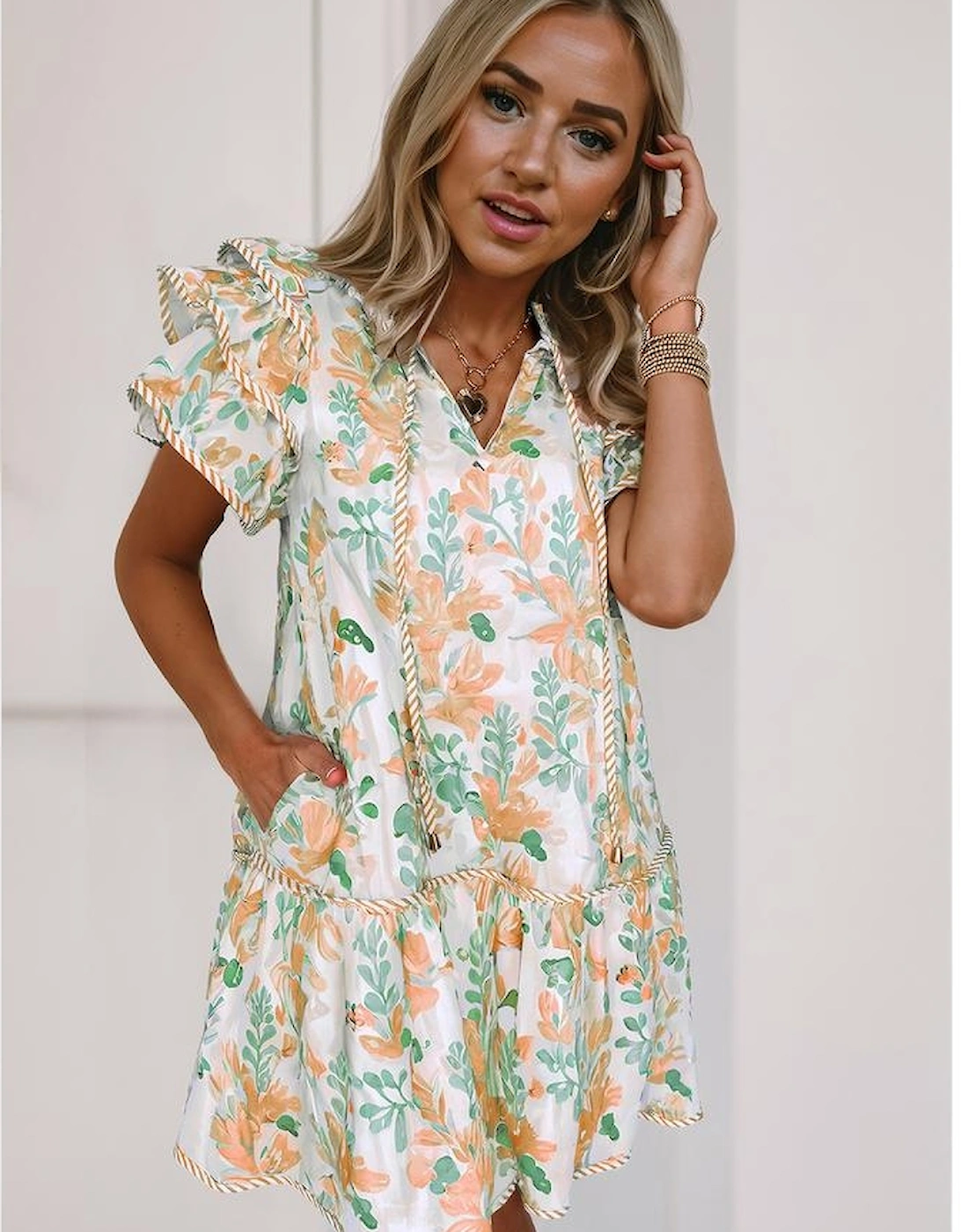 Orange Floral Contrast Edge Layered Short Sleeve Mini Dress, 3 of 2