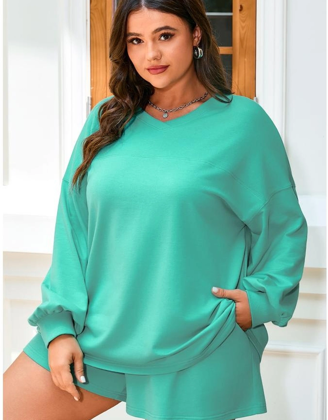 Sea Green Drop Shoulder V Neck Pullover Top and Drawstring Short Plus Size Set