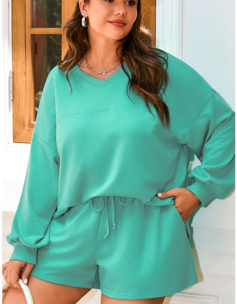 Sea Green Drop Shoulder V Neck Pullover Top and Drawstring Short Plus Size Set