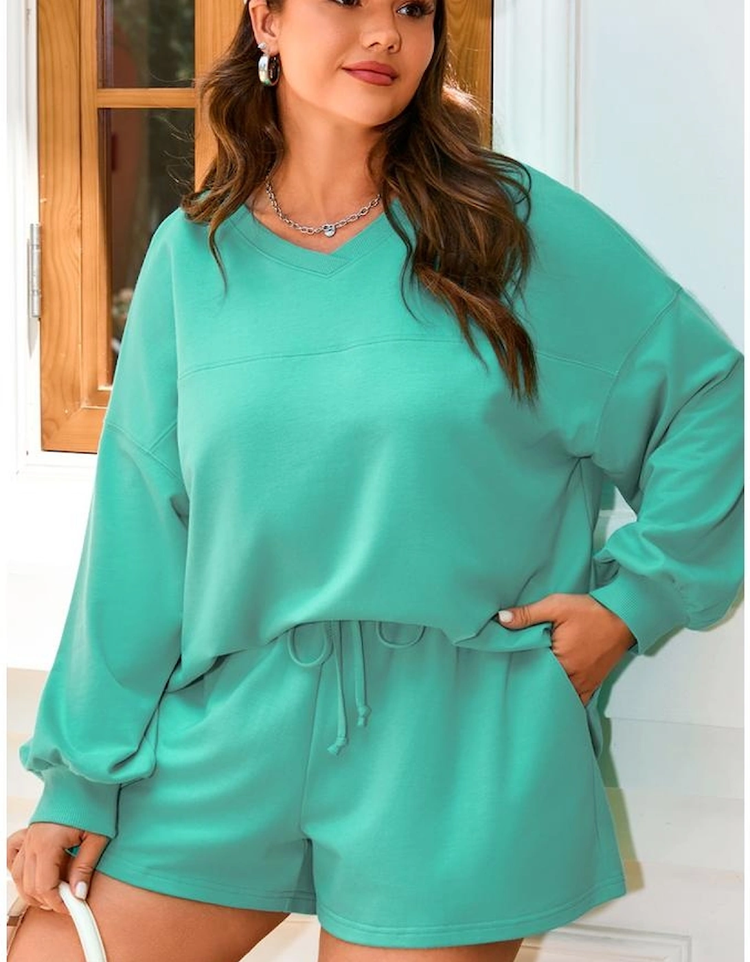 Sea Green Drop Shoulder V Neck Pullover Top and Drawstring Short Plus Size Set
