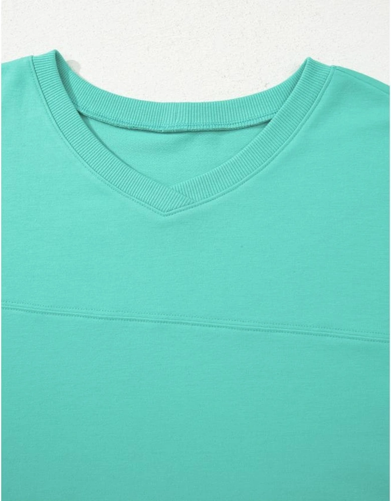 Sea Green Drop Shoulder V Neck Pullover Top and Drawstring Short Plus Size Set