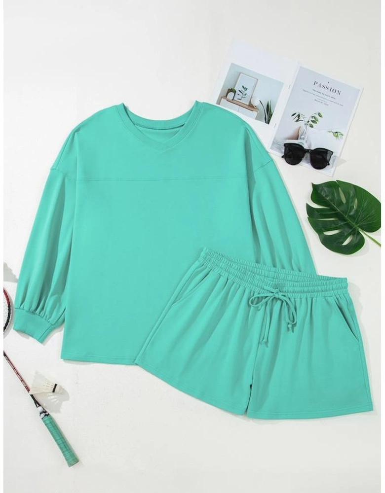 Sea Green Drop Shoulder V Neck Pullover Top and Drawstring Short Plus Size Set
