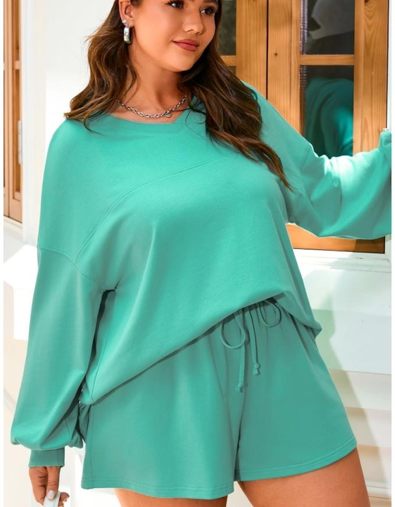 Sea Green Drop Shoulder V Neck Pullover Top and Drawstring Short Plus Size Set