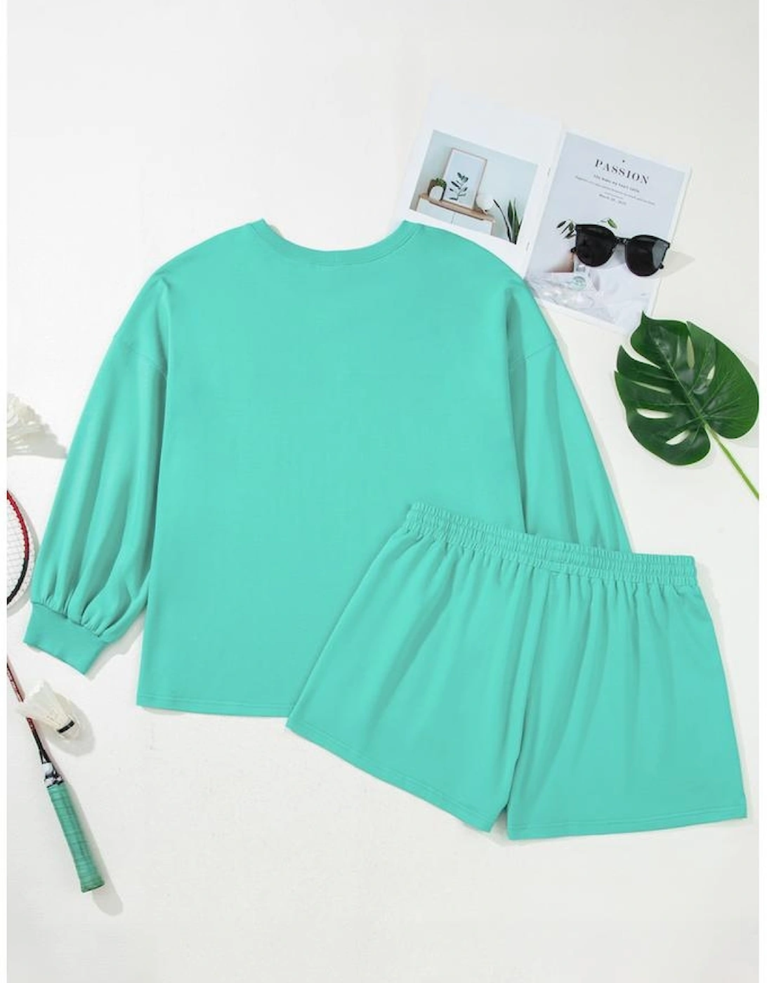 Sea Green Drop Shoulder V Neck Pullover Top and Drawstring Short Plus Size Set