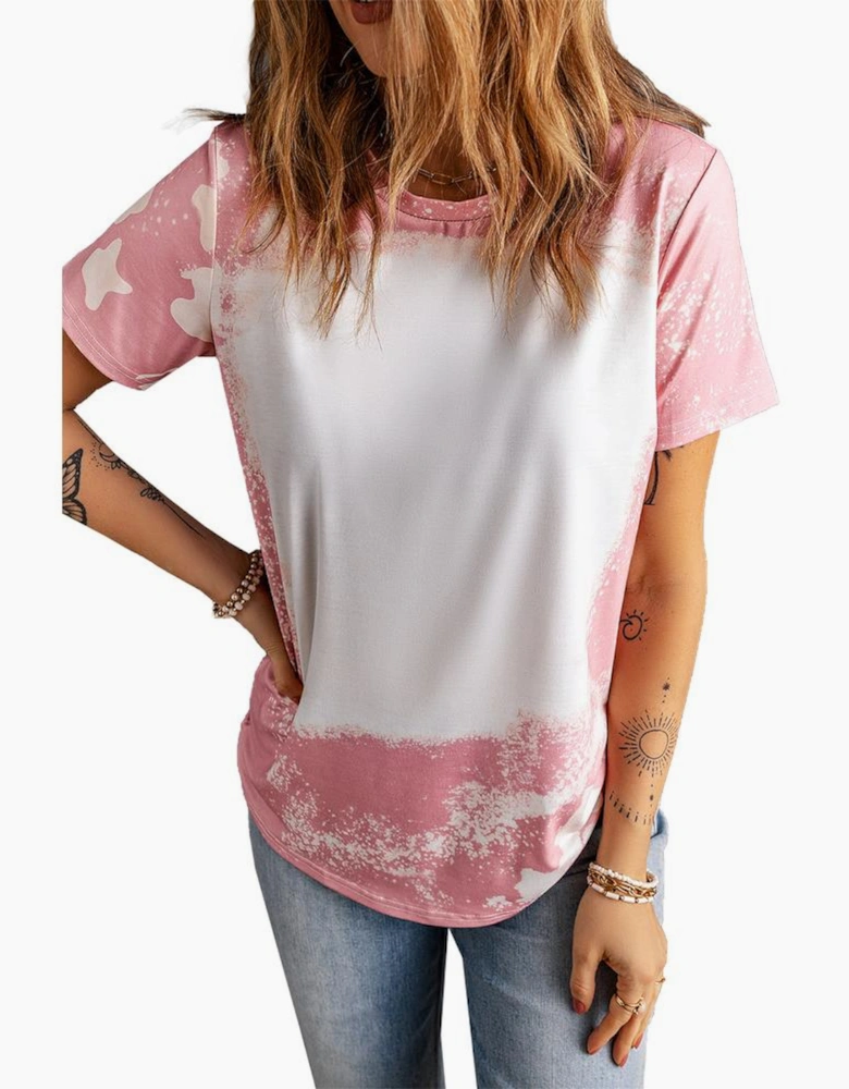 Pink Tie Dye Color Bleached Short Sleeve T Shirt