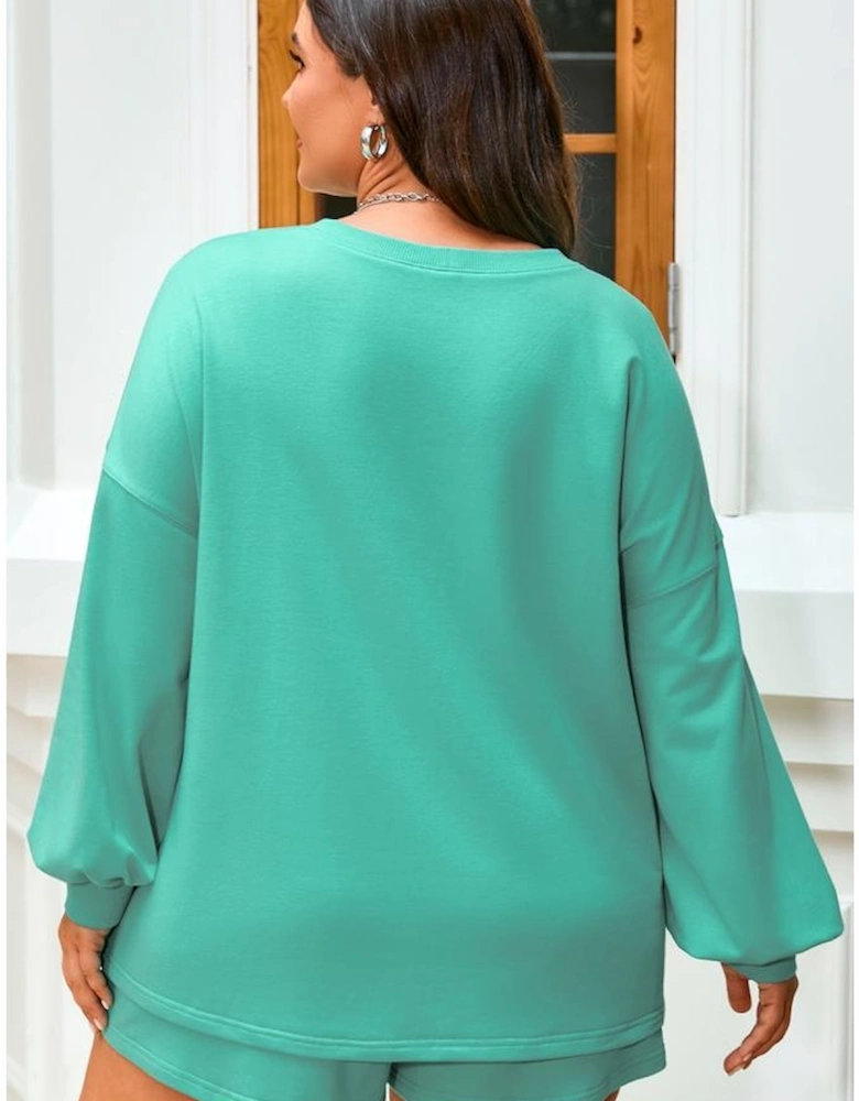 Sea Green Drop Shoulder V Neck Pullover Top and Drawstring Short Plus Size Set