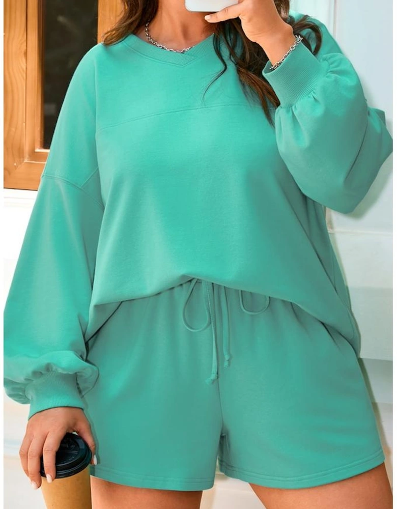 Sea Green Drop Shoulder V Neck Pullover Top and Drawstring Short Plus Size Set