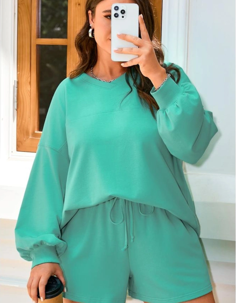 Sea Green Drop Shoulder V Neck Pullover Top and Drawstring Short Plus Size Set