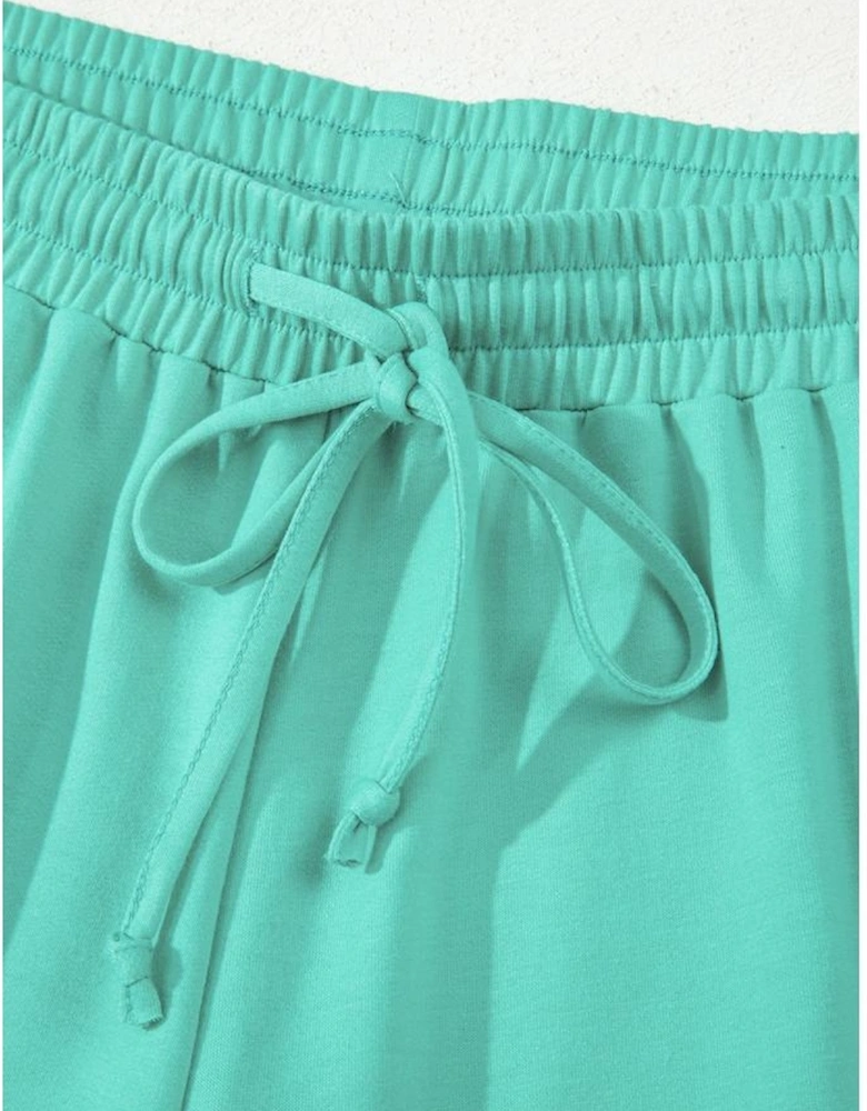 Sea Green Drop Shoulder V Neck Pullover Top and Drawstring Short Plus Size Set