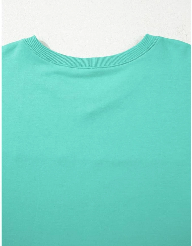 Sea Green Drop Shoulder V Neck Pullover Top and Drawstring Short Plus Size Set