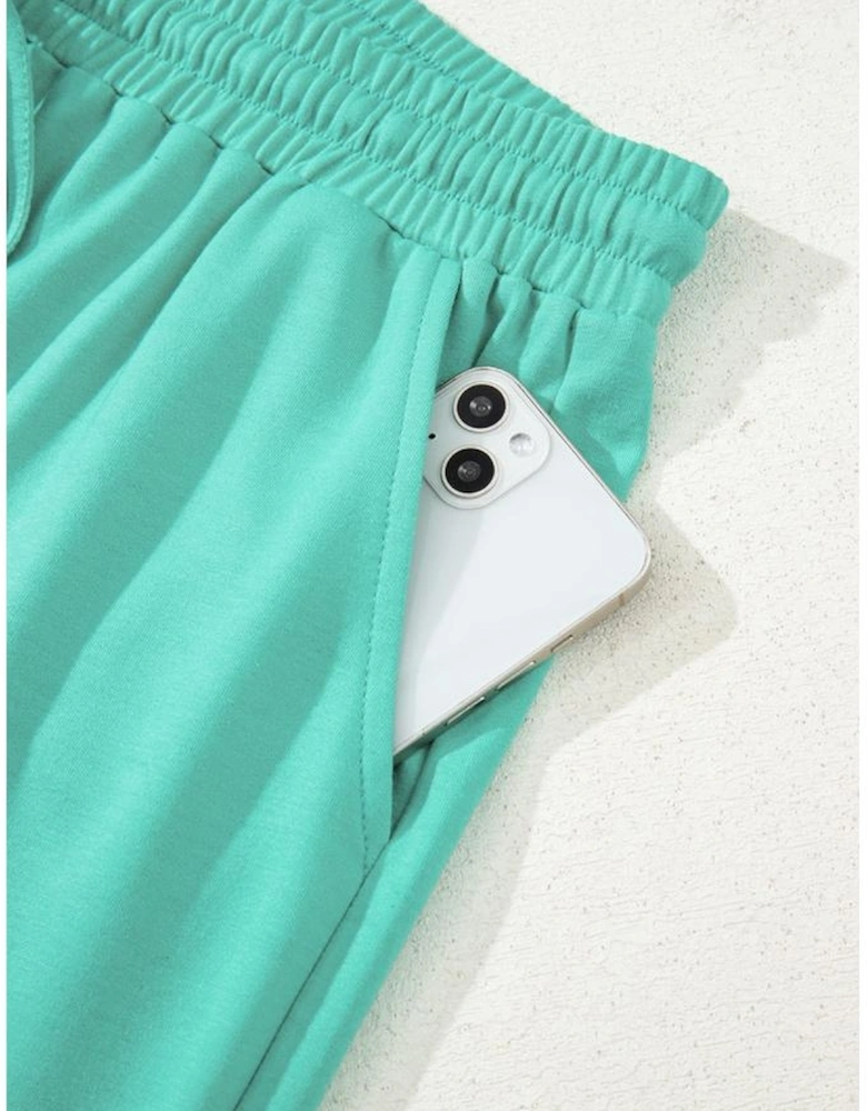 Sea Green Drop Shoulder V Neck Pullover Top and Drawstring Short Plus Size Set