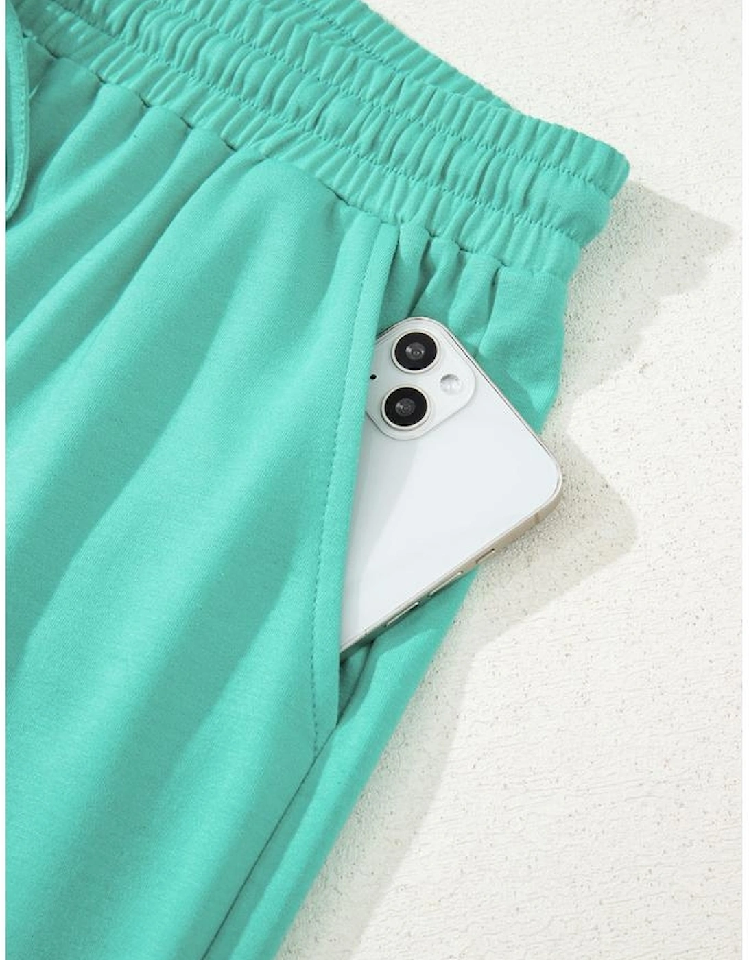 Sea Green Drop Shoulder V Neck Pullover Top and Drawstring Short Plus Size Set