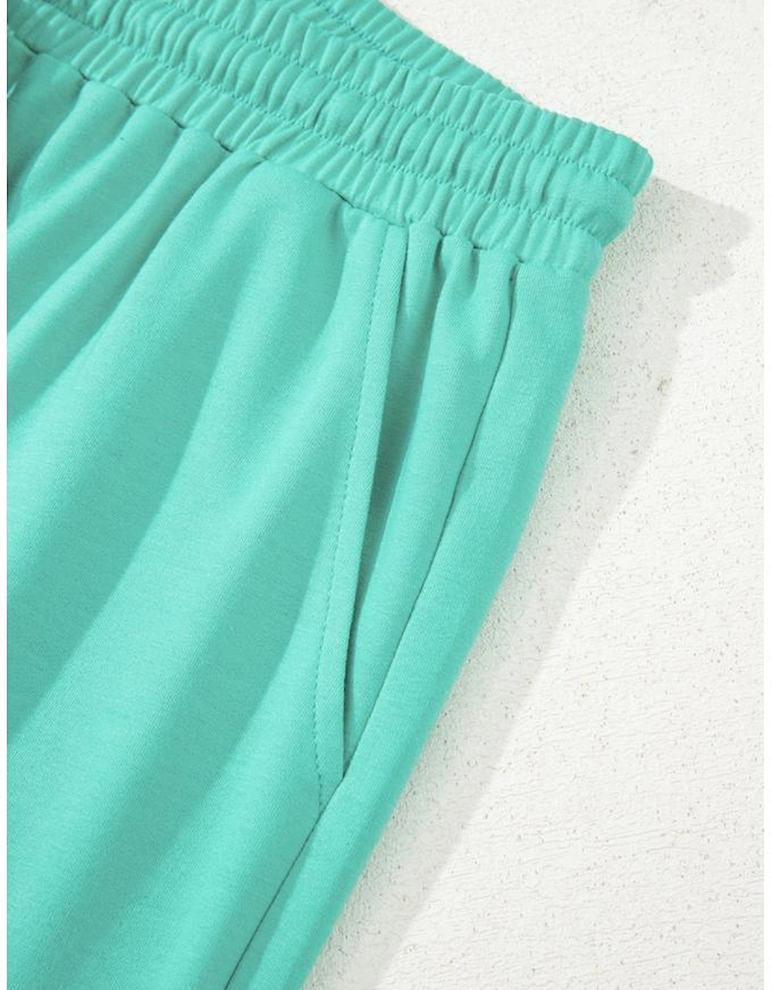 Sea Green Drop Shoulder V Neck Pullover Top and Drawstring Short Plus Size Set