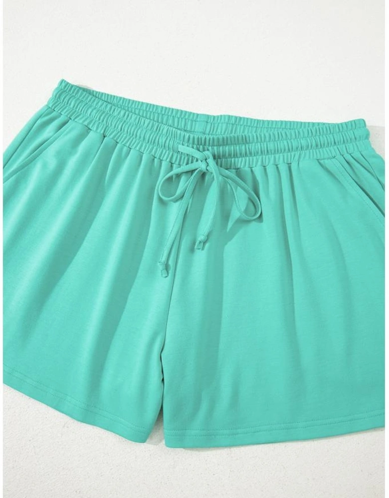 Sea Green Drop Shoulder V Neck Pullover Top and Drawstring Short Plus Size Set