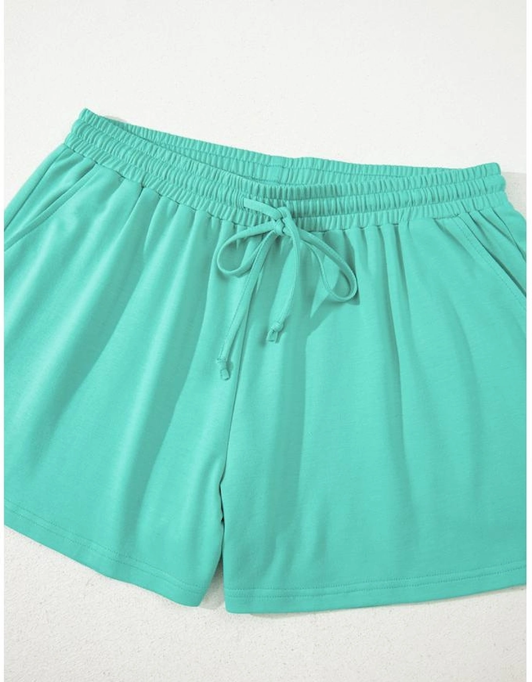 Sea Green Drop Shoulder V Neck Pullover Top and Drawstring Short Plus Size Set