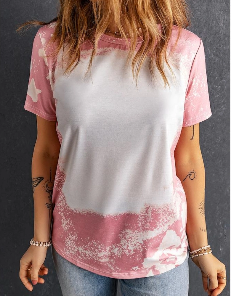 Pink Tie Dye Color Bleached Short Sleeve T Shirt