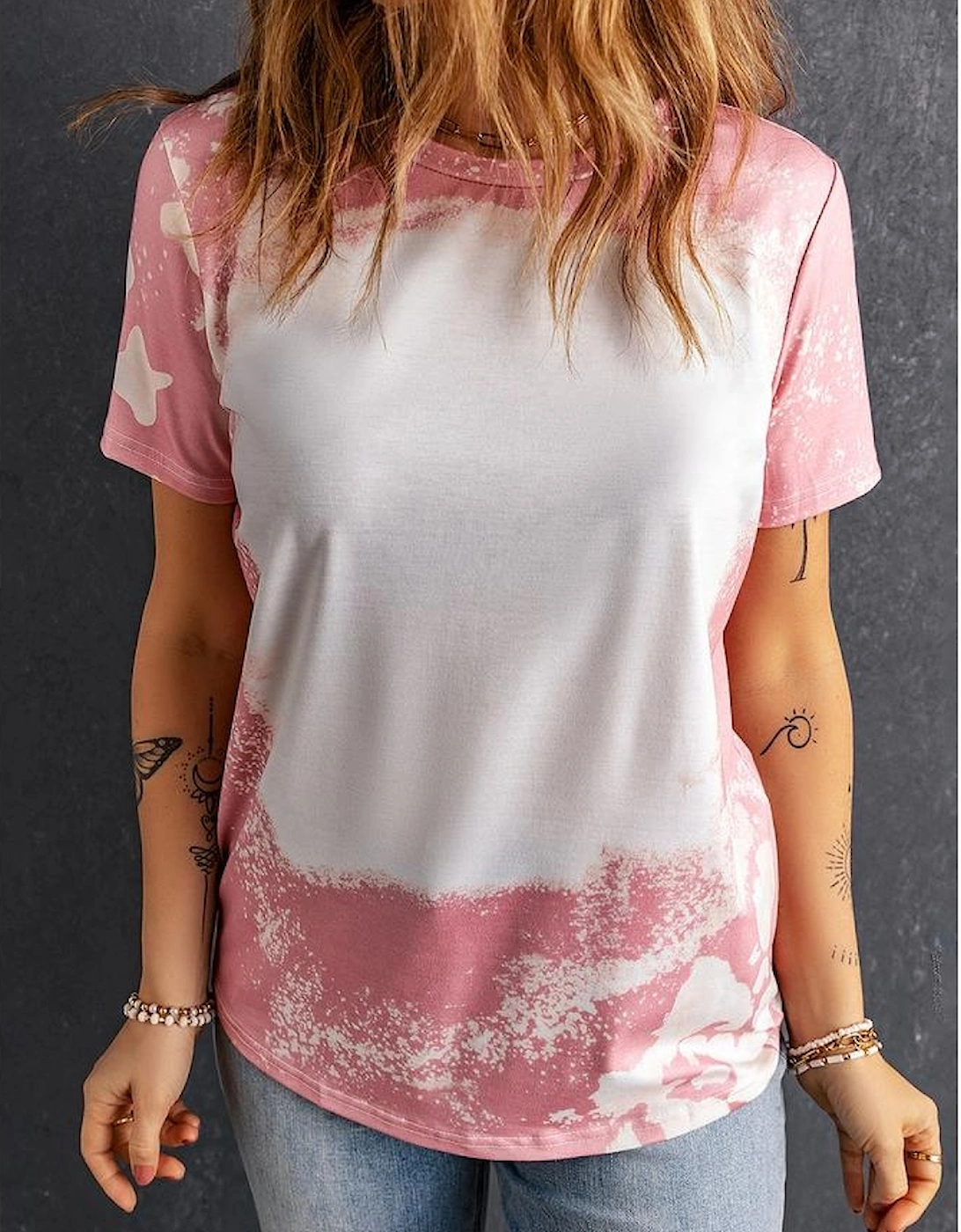Pink Tie Dye Color Bleached Short Sleeve T Shirt