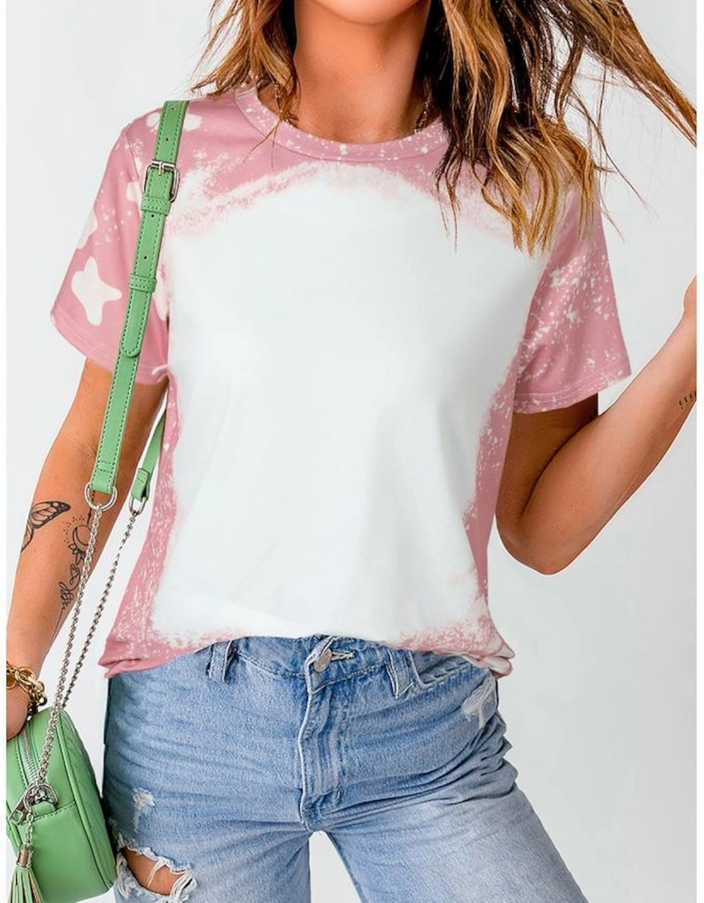 Pink Tie Dye Color Bleached Short Sleeve T Shirt
