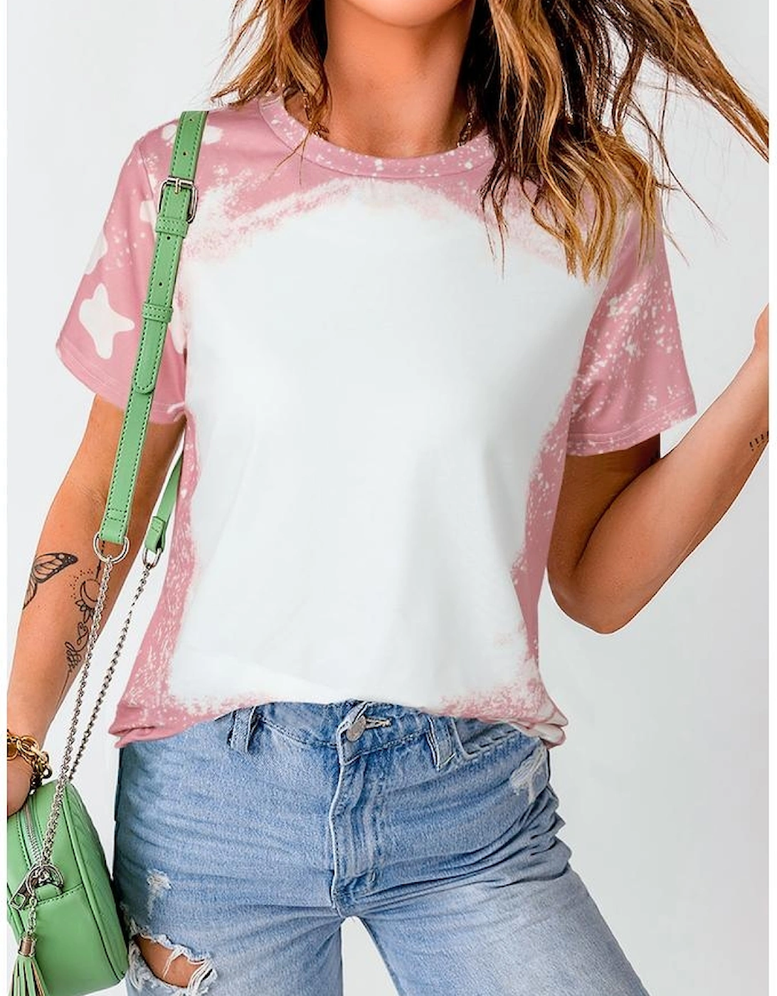 Pink Tie Dye Color Bleached Short Sleeve T Shirt